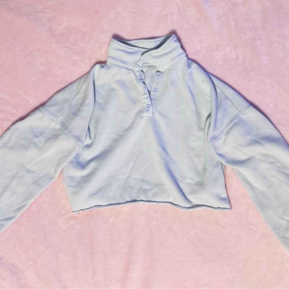 Aerie Light Blue Cropped Snap-Front Pullover Sweatshirt – Size Small